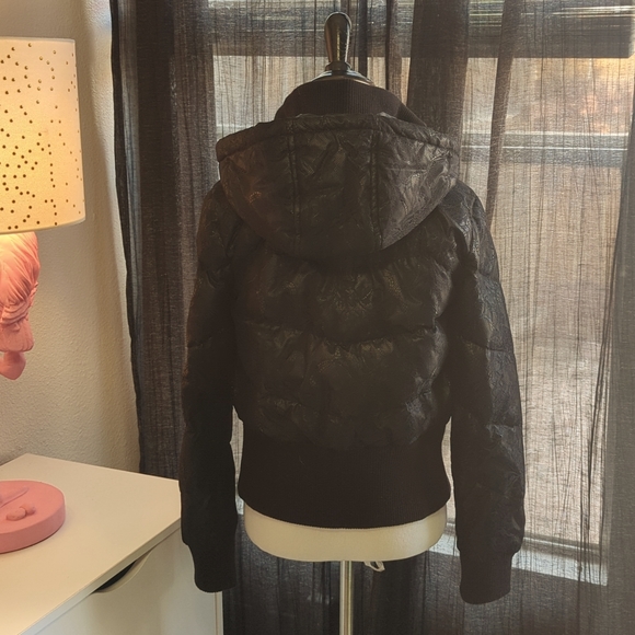 Blk Lace Covered Puffy Bomber Jacket w/ Removable Hood - Picture 4 of 6